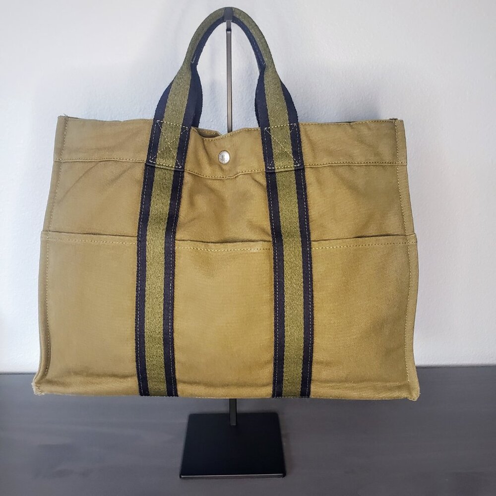 Hermes Herline Fourre Tout GM Tote Bag - Olive Green and Blue Canvas